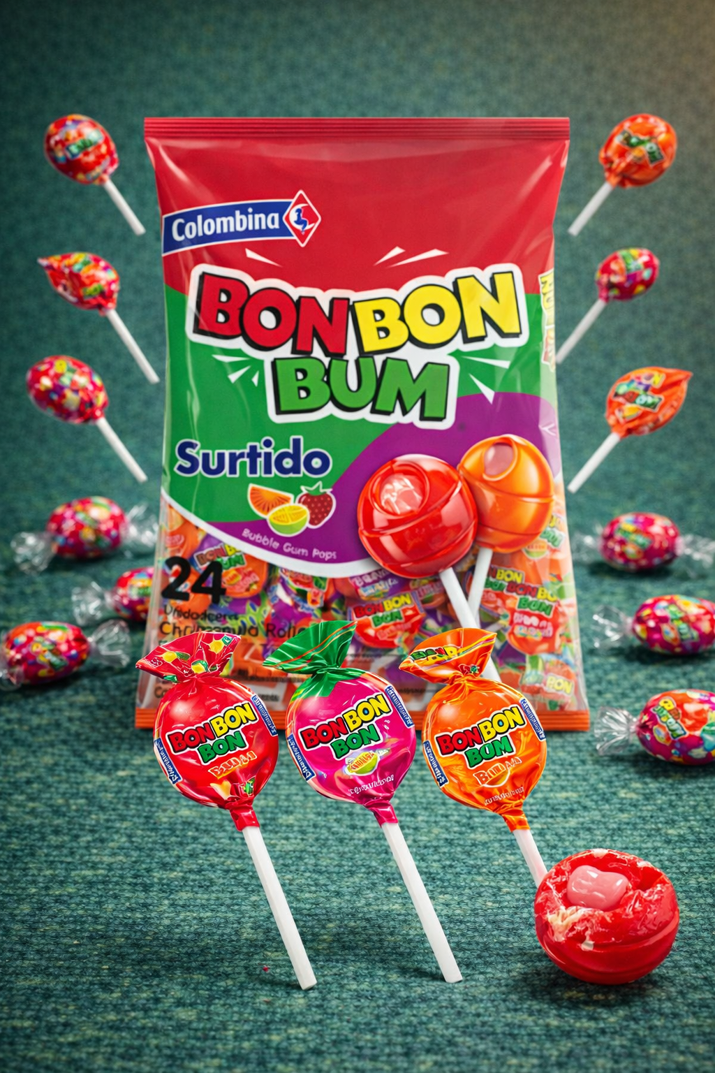 Lutscher mit Kaugummi verschiedene Geschmacksrichtung (Bon Bon Bum Mix Colombina 408 g)
